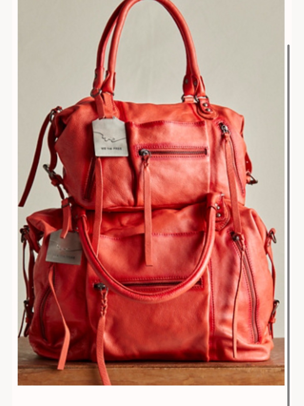 We The Free Coral-Red Leather Tote Bag